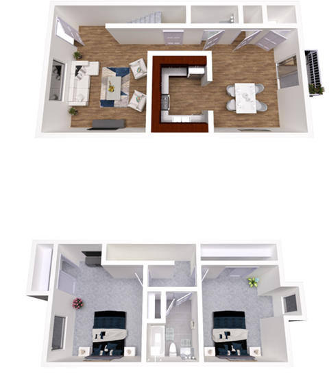 Floor plan for 2 beds, 1.5 baths, 1037 sqft
